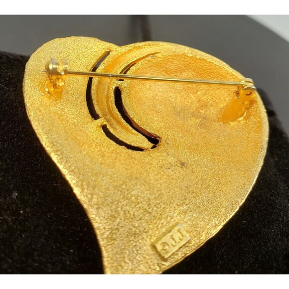 Vintage  JJ Jonetta Heart Brooch Yellow Matte Gold Plated 2"  Brooch - Picture 8 of 9